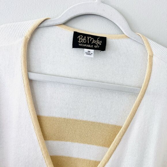 Bob Mackie Wearable Art Soft Yellow & White Stripe Zip Cardigan Sweater Plus 2X - Picture 2 of 10